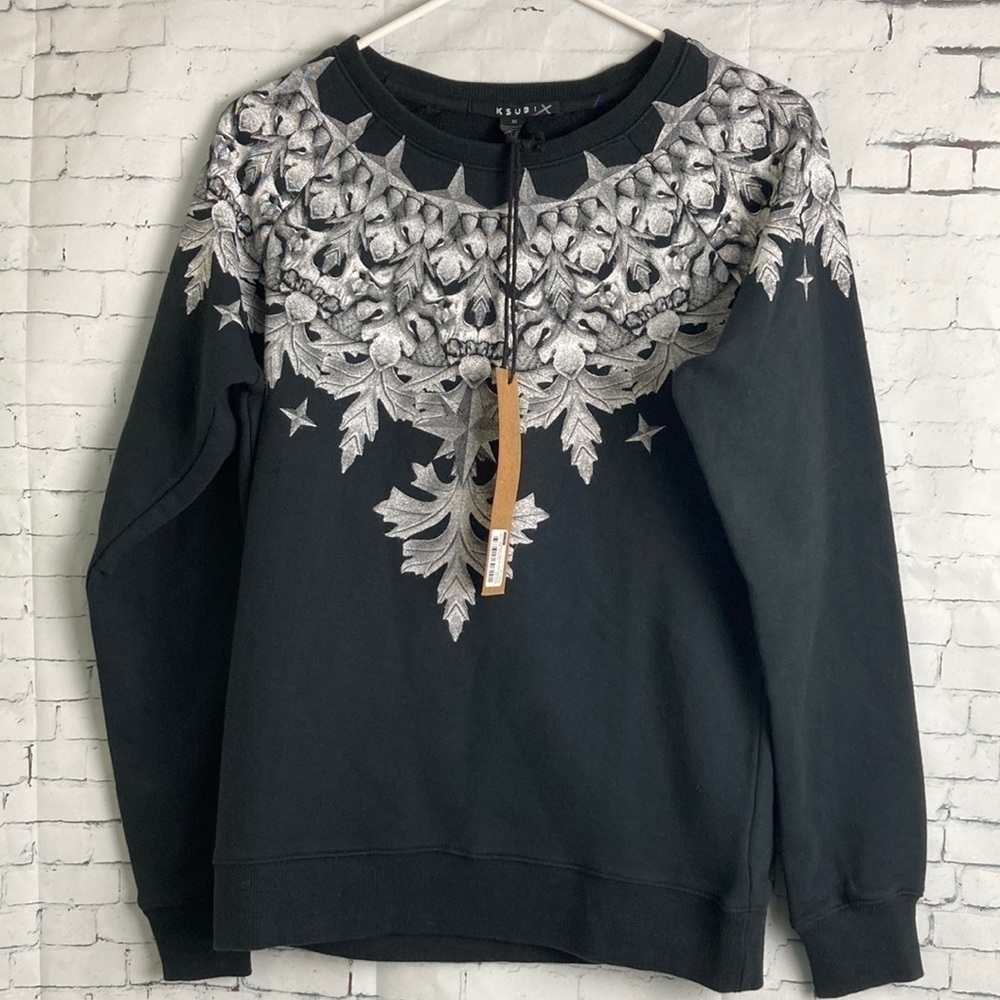 KSUBI NWT Cult Crest Skull Raglan Sleeve Sweatshirt XS Dark Princess Witchy Goth